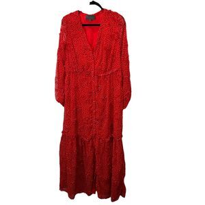 Sunday in Brooklyn Floral Polka Dot Maxi Dress Women Size M Textured Button Red